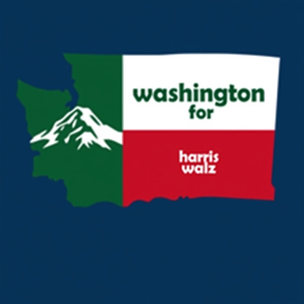  a tshirt design inspired by the washington state flag. the left side features a green vertical stripe with a large mountain in the center. the right side is divided into two horizontal sections: the top section is white with the text 'washington for' in bold, green, uppercase letters, and the bottom section is red with the text 'harris walz' in bold, white, uppercase letters. the overall layout is clean and straightforward, with a clear and patriotic color scheme of blue, white, and red.