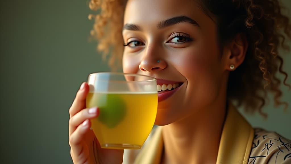  scenes about health and fitness, an artistic representation of a person smiling while enjoying a guava leaf tea, representing improved oral health. hyperrealistic, full body, detailed clothing, highly detailed, cinematic lighting, stunningly beautiful, intricate, sharp focus, f/1. 8, 85mm, (centered image composition), (professionally color graded), ((bright soft diffused light)), volumetric fog, trending on instagram, trending on tumblr, HDR 4K, 8K