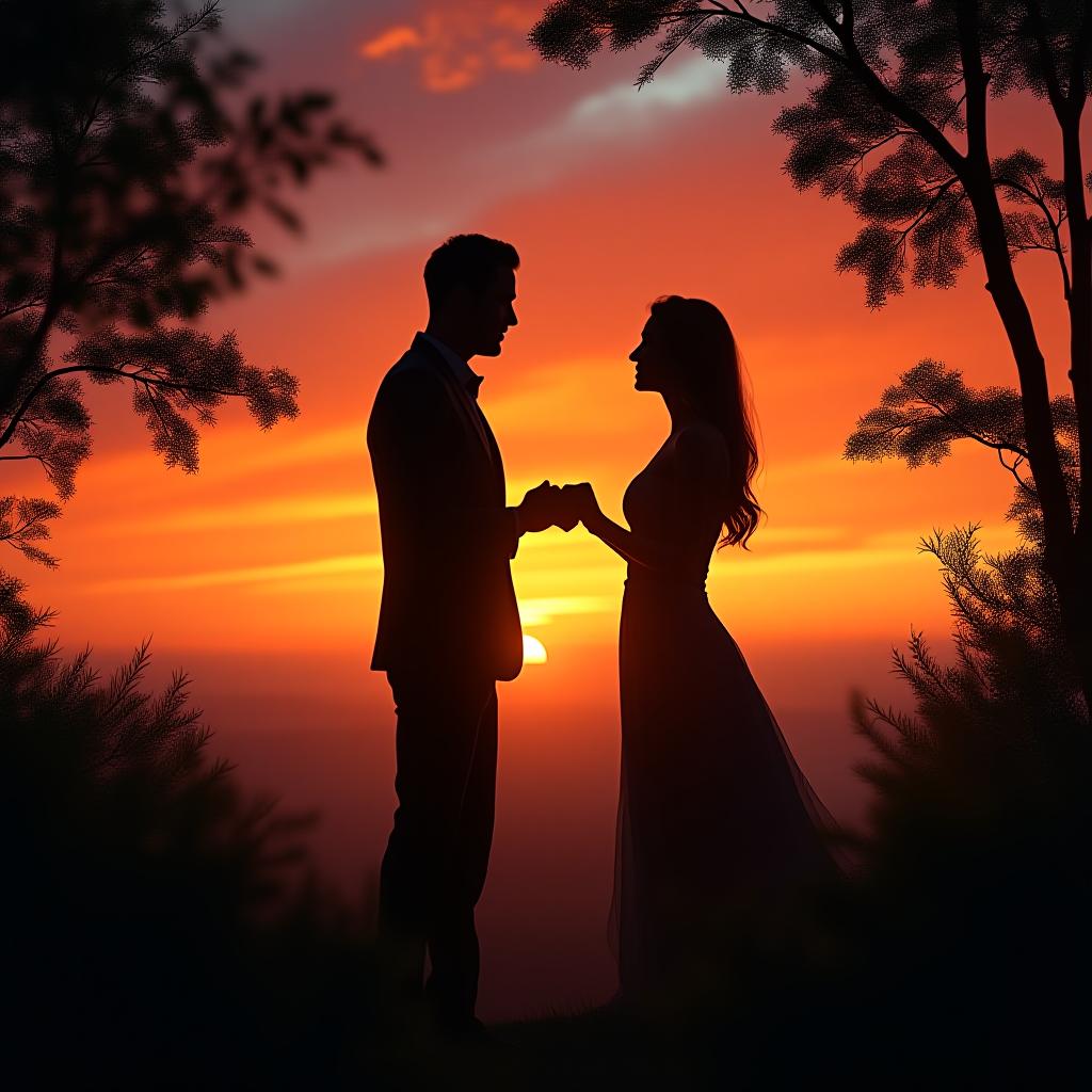  a romantic scene featuring a couple silhouetted against a vibrant sunset, surrounded by lush greenery. perfect for weddings and love themes., high quality, high details, hd, perfect composition, 4k epic detailed, highly detailed, sharp focus, high resolution