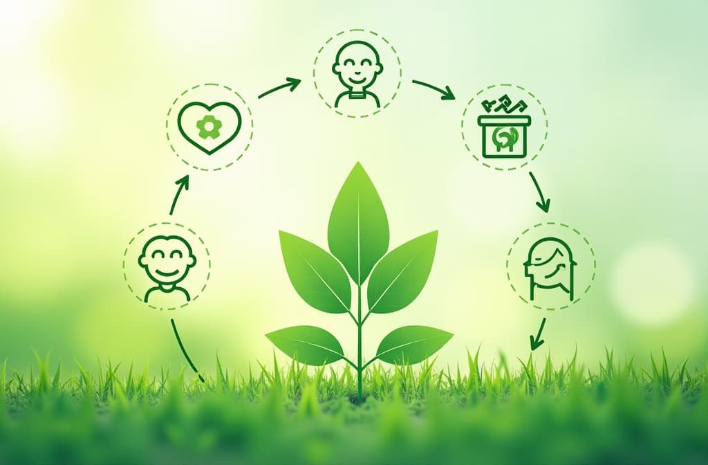  wellness concept. health, mindfulness, mental health, happiness, financial stability and growth icons on green natural background. balance and integration in achieving overall wellbeing ar 3:2 {prompt}, maximum details