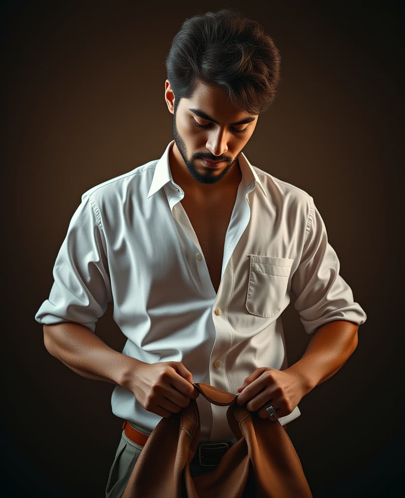  hdr photo of man, wearing a white shirt around his waist, dark brown background, model, putting into a bag . high dynamic range, vivid, rich details, clear shadows and highlights, realistic, intense, enhanced contrast, highly detailed