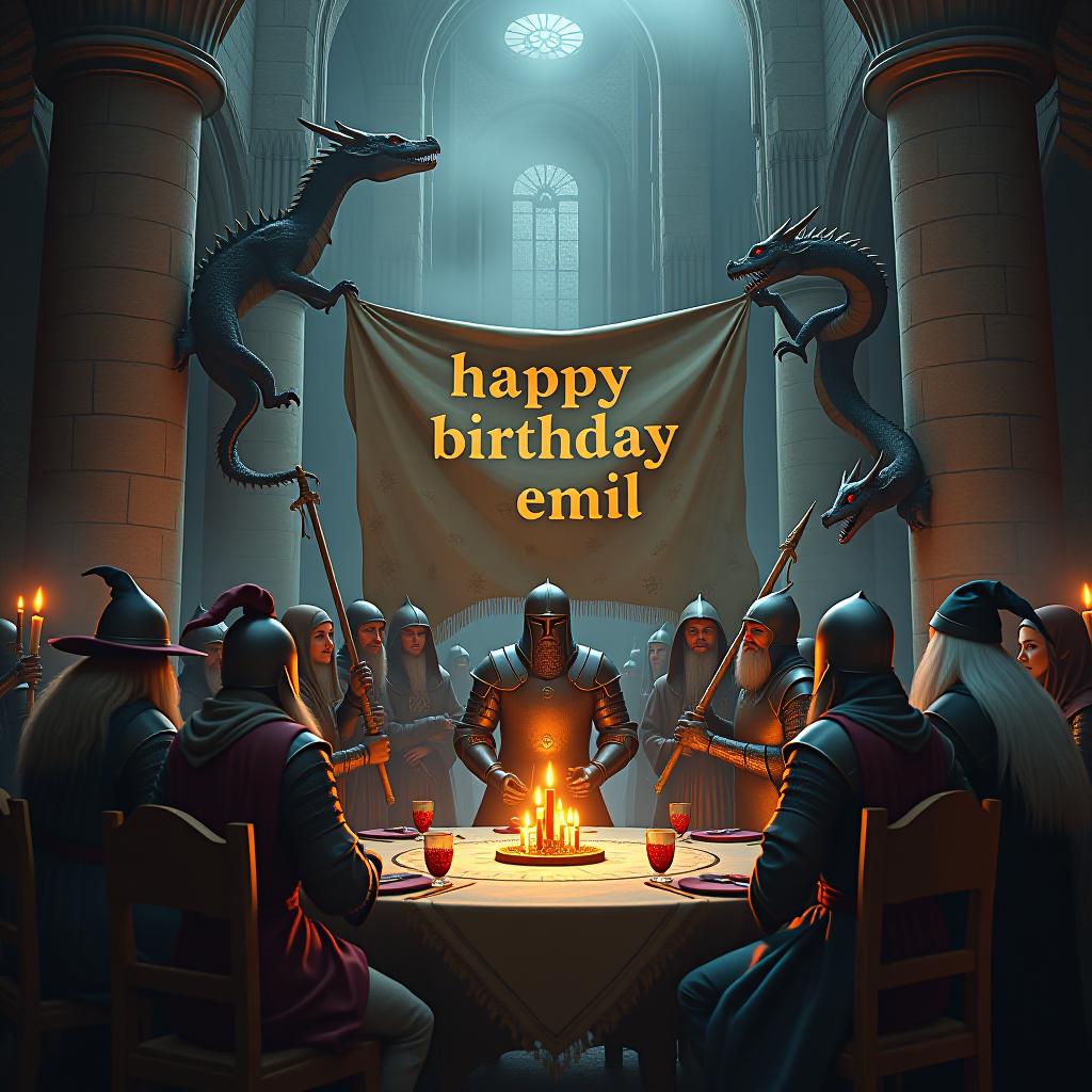  a fantasy medieval castle scene with knights, dragons, and wizards celebrating around a "happy birthday emil!" banner made of ancient parchment and magical runes hyperrealistic, full body, detailed clothing, highly detailed, cinematic lighting, stunningly beautiful, intricate, sharp focus, f/1. 8, 85mm, (centered image composition), (professionally color graded), ((bright soft diffused light)), volumetric fog, trending on instagram, trending on tumblr, HDR 4K, 8K