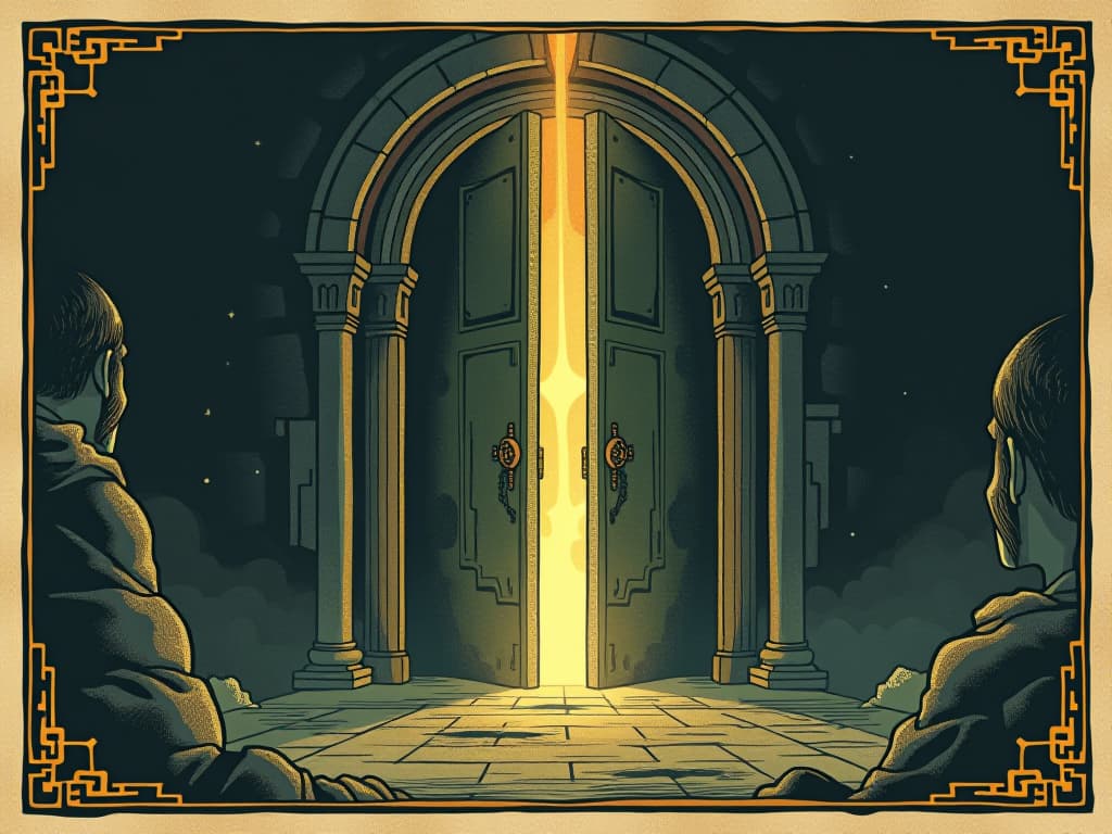  a mystical door opening within a stone temple, radiant light pouring through, unlocking hidden realms, spiritual ascension. an illustration in the style of a worn, mystical old tarot trump card, mysterious and elements of surrealism. the colors are muted, somber and eerie, but with contrast bring out an occult and esoteric vibe.