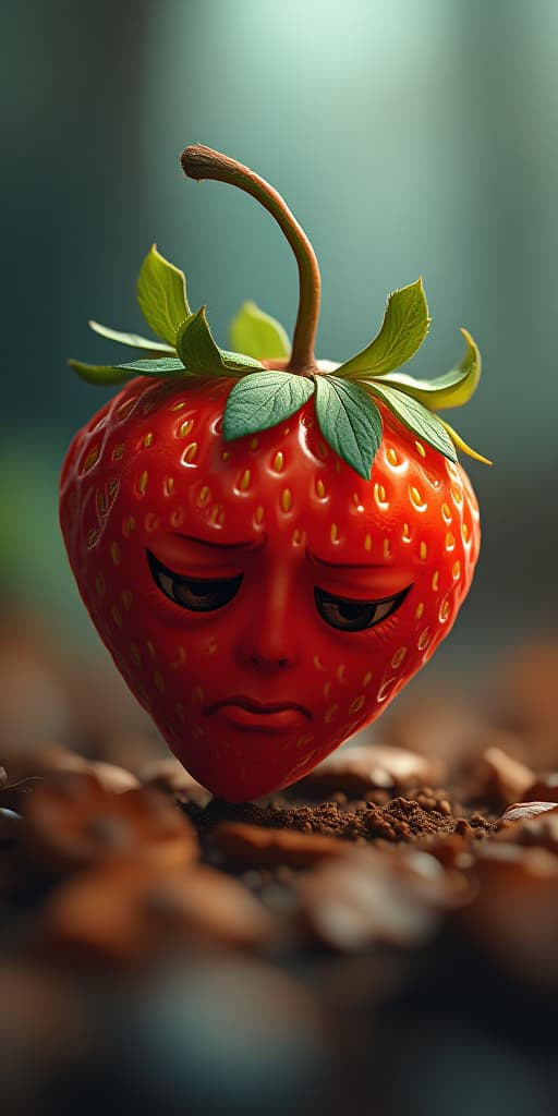  cute cartoon sad strawberry character, high quality, high details, hd, perfect composition, 4k epic detailed, highly detailed, sharp focus, high resolution