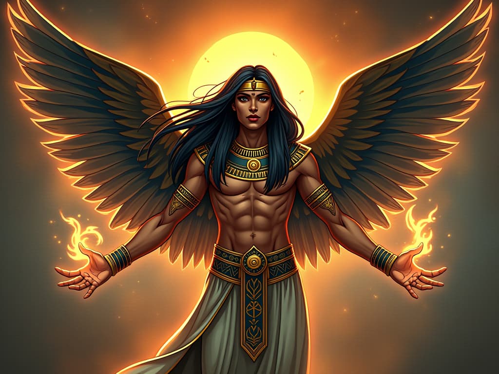  a powerful figure, life transforming, aura of boundless spirit. the style is digital art illustration / modern comic book / mysterious occult, symbolic, esoteric vibe,high detail on character design, incorporating ancient egyptian symbology and attire.