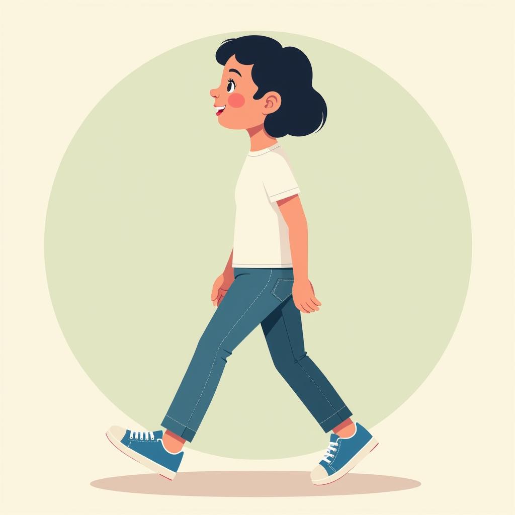  flat design ilration of a old with black hair, walking in profile. she is wearing a blue , white sneakers, and a white shirt. the character has a cheerful expression and simplified, clean lines with minimal shading. the background is simple and colorful, suitable for infographics. the color palette is bright but soft, with a modern and clear design for easy readability.