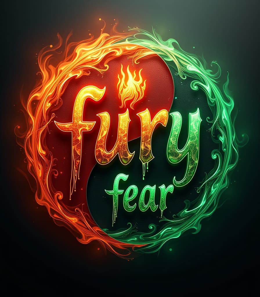  (masterpiece, digital painting, high resolution:1.3), bold calligraphy lettering art, (fiery capital letters:1.4) spelling "fury," interwoven with (toxic green letters:1.3) spelling "fear," intricate yin yang design, (dynamic swirling flames:1.2) contrasting with (dripping poison effects:1.2), layered image showcasing vibrant reds, oranges, and deep greens, abstract visual effects enhancing the duality, (fluid motion:1.1) between fire and poison, dark background to intensify colors, visually striking composition, captivating and thought provoking, rich textures, glowing highlights, dramatic shadows, conveying strong emotions and themes of conflict. hyperrealistic, full body, detailed clothing, highly detailed, cinematic lighting, stunningly beautiful, intricate, sharp focus, f/1. 8, 85mm, (centered image composition), (professionally color graded), ((bright soft diffused light)), volumetric fog, trending on instagram, trending on tumblr, HDR 4K, 8K