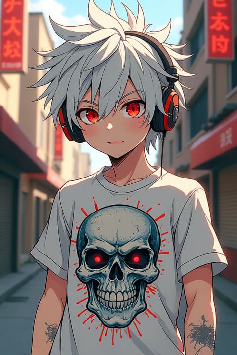  a young with messy white hair, striking red eyes, wearing a skull themed t shirt and spiky headphones. he embodies an energetic and rebellious anime character, set against a vint urban backdrop. his expression is yet mischievous, featuring exaggerated anime style characteristics with sharp lines and bright colors. the scene is filled with dynamic angles and a sense of movement, emphasizing his youthfulness and carefree atude.