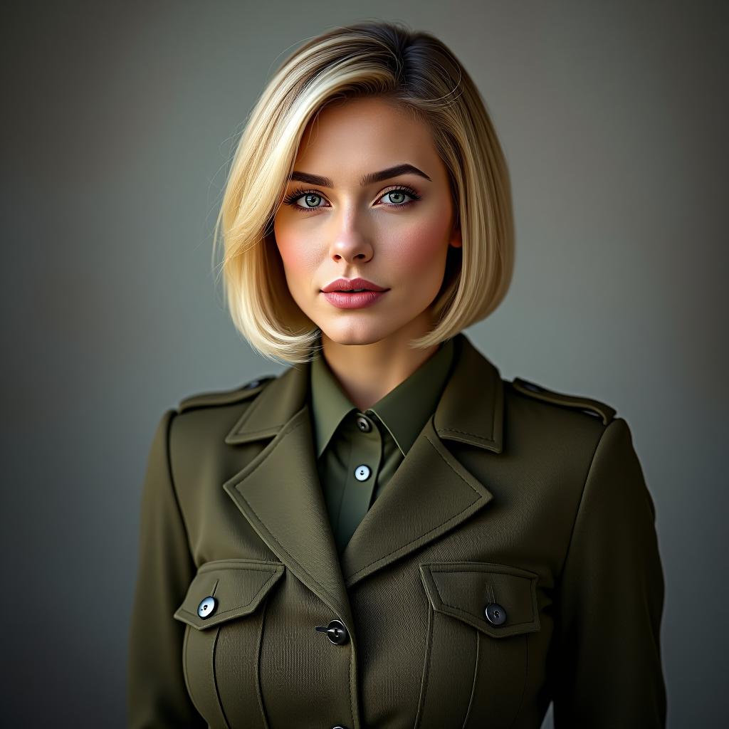  make an image of a woman short haired blonde bob dressed in a army suit