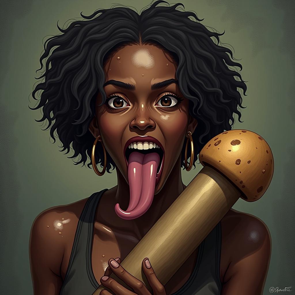  beautiful michonne from the walking dead sticking her large flat tongue fully out, cute prey face, covered in sweat, holding a tan colored cylinder with a mushroom at the end, award winning, professional, highly detailed, masterpiece