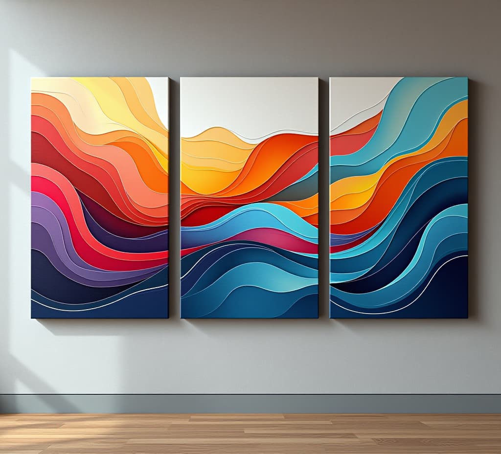  abstract art, a colorful, hand made abstract triptych painting of swirling waves and curved minimalistic shapes, displayed on a wall with a minimalistic background, close up view of the three panel, high quality, high details, hd, perfect composition, 4k epic detailed, highly detailed, sharp focus, high resolution