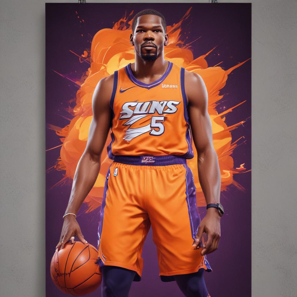 distance-shot, flashy, full-body, dynamic, holographic, animated cartoon poster of phoenix suns player kevin durant in the style of dragon ball super