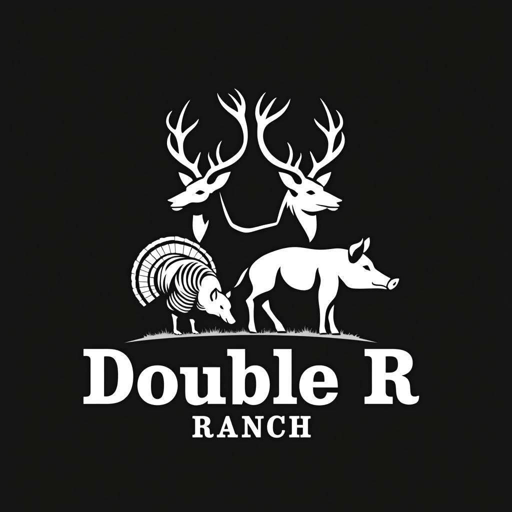  design a logo, sleek black and white logo design which incorporates a deer , a turkey and a wild hog, with 2 letter r facing back to back in the forefront. the text title is “double r ranch”