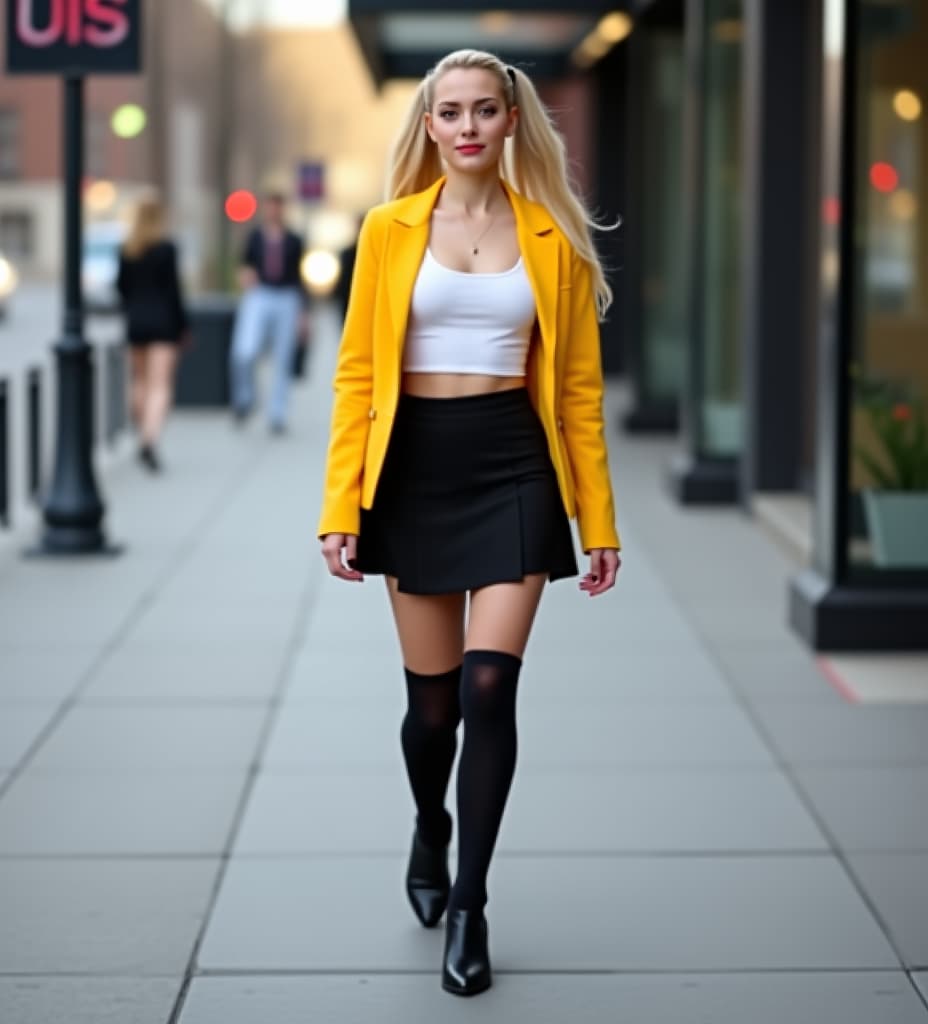  a woman with blonde pigtails wearing a yellow jacket, white crop top, black skirt, and thigh high stockings walks on a city sidewalk.