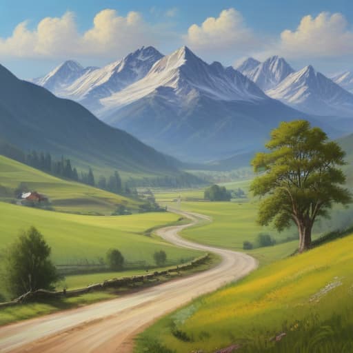 Mountains, trees, field, winding road, new car in Oil painting style