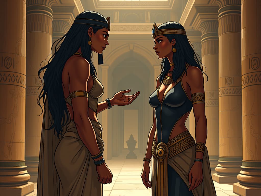  friend seeking advice from a large busted priestess in form fitting attire, in an ancient temple, symbolizing transformative impact. the style is digital art illustration / modern comic book / mysterious occult, symbolic, esoteric vibe,high detail on character design, incorporating ancient egyptian symbology and attire.