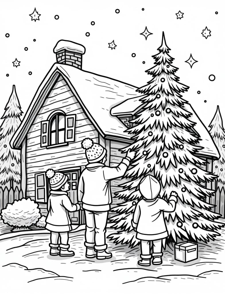  this is for an adult coloring page. a detailed black and white line art of a snowy family decorating a christmas tree in front of a snow covered house on a solid white background.