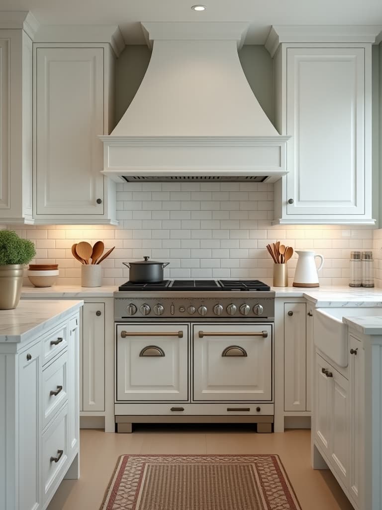  high quality portrait photo of a classic white kitchen with raised panel cabinets, marble countertops, and a subway tile backsplash, featuring a vintage inspired range hyperrealistic, full body, detailed clothing, highly detailed, cinematic lighting, stunningly beautiful, intricate, sharp focus, f/1. 8, 85mm, (centered image composition), (professionally color graded), ((bright soft diffused light)), volumetric fog, trending on instagram, trending on tumblr, HDR 4K, 8K