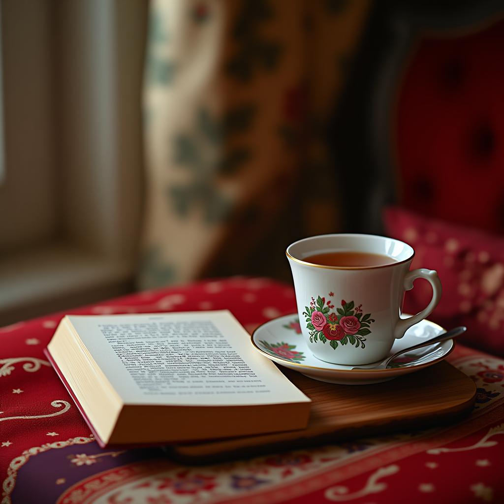  a picture of a book set against a cozy backdrop, such as with a cup of tea in a royal style.