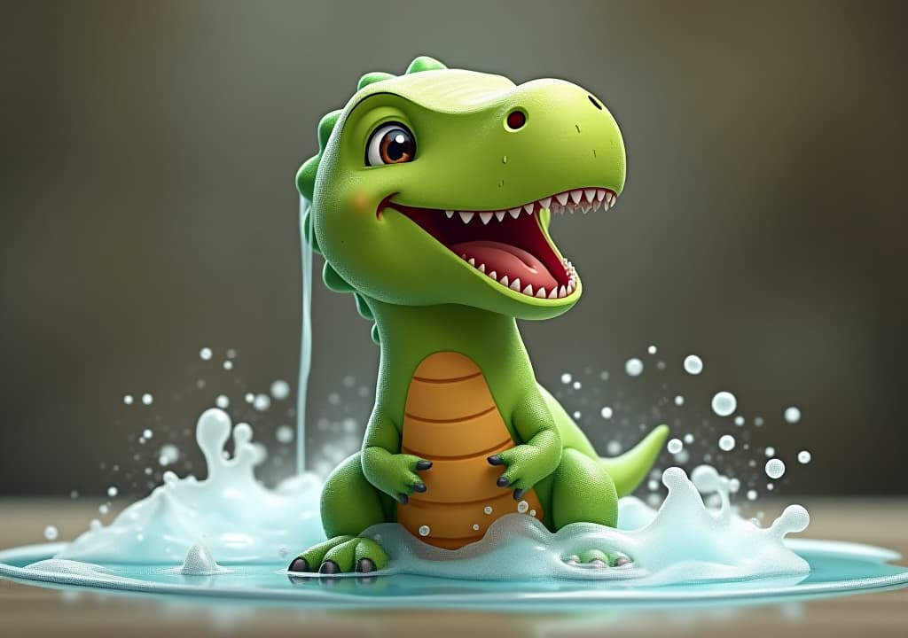  happy baby dinosaur washing in waterfall with soap foam. digital artwork.