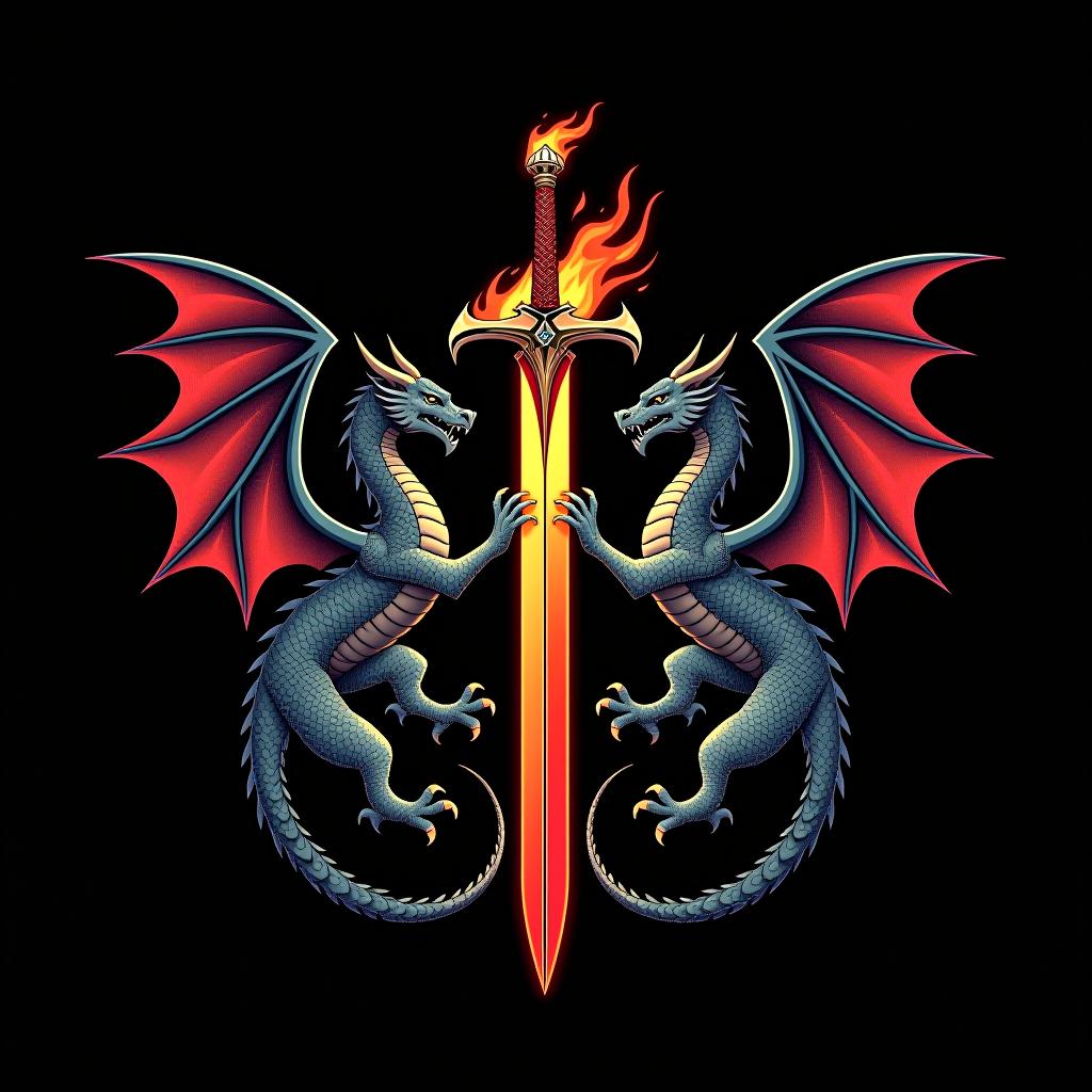  design a logo, custom sticker design on an isolated black background decorated by mythical dragons and a flaming sword