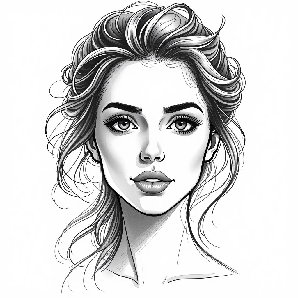  sketch of a woman's face, expressive line work, in the style of beautiful portraits, include the finest details, black and white, monochrome, full face in view.