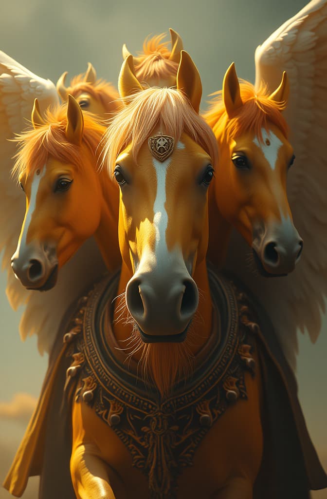  horse having seven faces with wings, horse color is golden yellow having black eyes hyperrealistic, full body, detailed clothing, highly detailed, cinematic lighting, stunningly beautiful, intricate, sharp focus, f/1. 8, 85mm, (centered image composition), (professionally color graded), ((bright soft diffused light)), volumetric fog, trending on instagram, trending on tumblr, HDR 4K, 8K