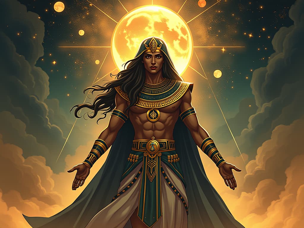  a destined figure, world transforming around them, aura of creation and destiny. the style is digital art illustration / modern comic book / mysterious occult, symbolic, esoteric vibe,high detail on character design, incorporating ancient egyptian symbology and attire.