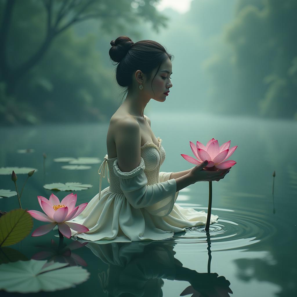  a lake with a lotus and the double helix of dna. hyperrealistic, full body, detailed clothing, highly detailed, cinematic lighting, stunningly beautiful, intricate, sharp focus, f/1. 8, 85mm, (centered image composition), (professionally color graded), ((bright soft diffused light)), volumetric fog, trending on instagram, trending on tumblr, HDR 4K, 8K