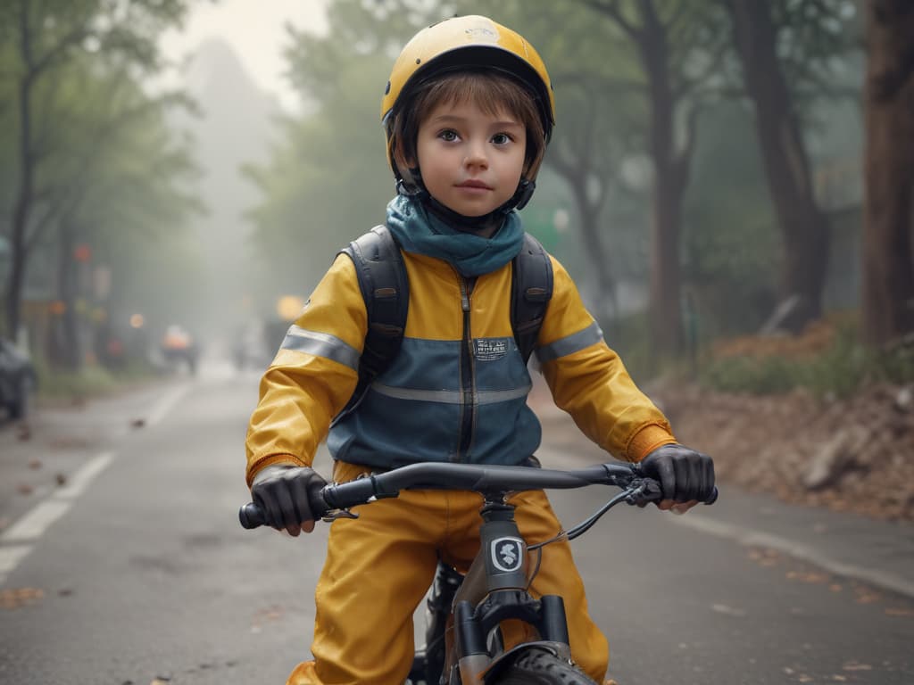 ultra realistic ((ultra realistic ((a child wearing protective gear while riding a bike)))) hyperrealistic, full body, detailed clothing, highly detailed, cinematic lighting, stunningly beautiful, intricate, sharp focus, f/1. 8, 85mm, (centered image composition), (professionally color graded), ((bright soft diffused light)), volumetric fog, trending on instagram, trending on tumblr, HDR 4K, 8K