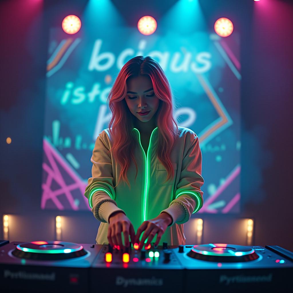  disco dj + neon + dynamics hyperrealistic, full body, detailed clothing, highly detailed, cinematic lighting, stunningly beautiful, intricate, sharp focus, f/1. 8, 85mm, (centered image composition), (professionally color graded), ((bright soft diffused light)), volumetric fog, trending on instagram, trending on tumblr, HDR 4K, 8K