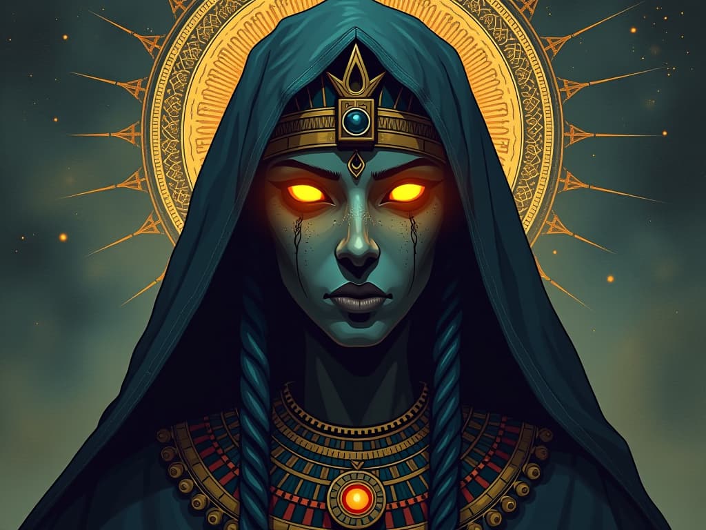  a mystic seer, eyes glowing, overlaying detailed patterns and symbols on everyday scenes, mood of deep perception and understanding. the style is digital art illustration / modern comic book / mysterious occult, symbolic, esoteric vibe,high detail on character design, incorporating ancient egyptian symbology and attire.