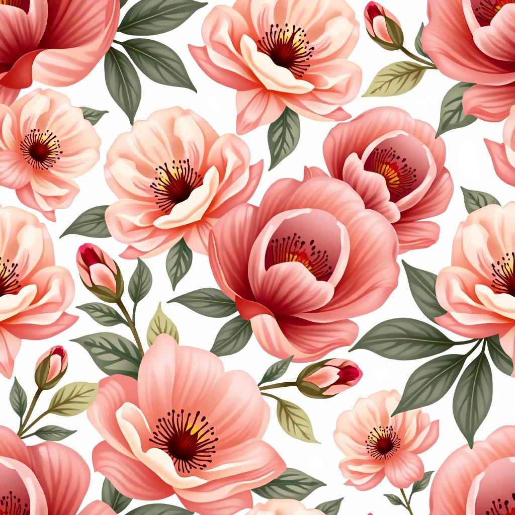  create a seamless digital design featuring a pattern of large, beautiful flowers with soft, watercolor like effects. the flowers should cover the entire surface, creating a bold, elegant, and continuous look. the overall style should be light and airy, with delicate leaves and petals to enhance the natural, floral theme. the design should be seamless to ensure it can be used in repeating patterns or wraps.