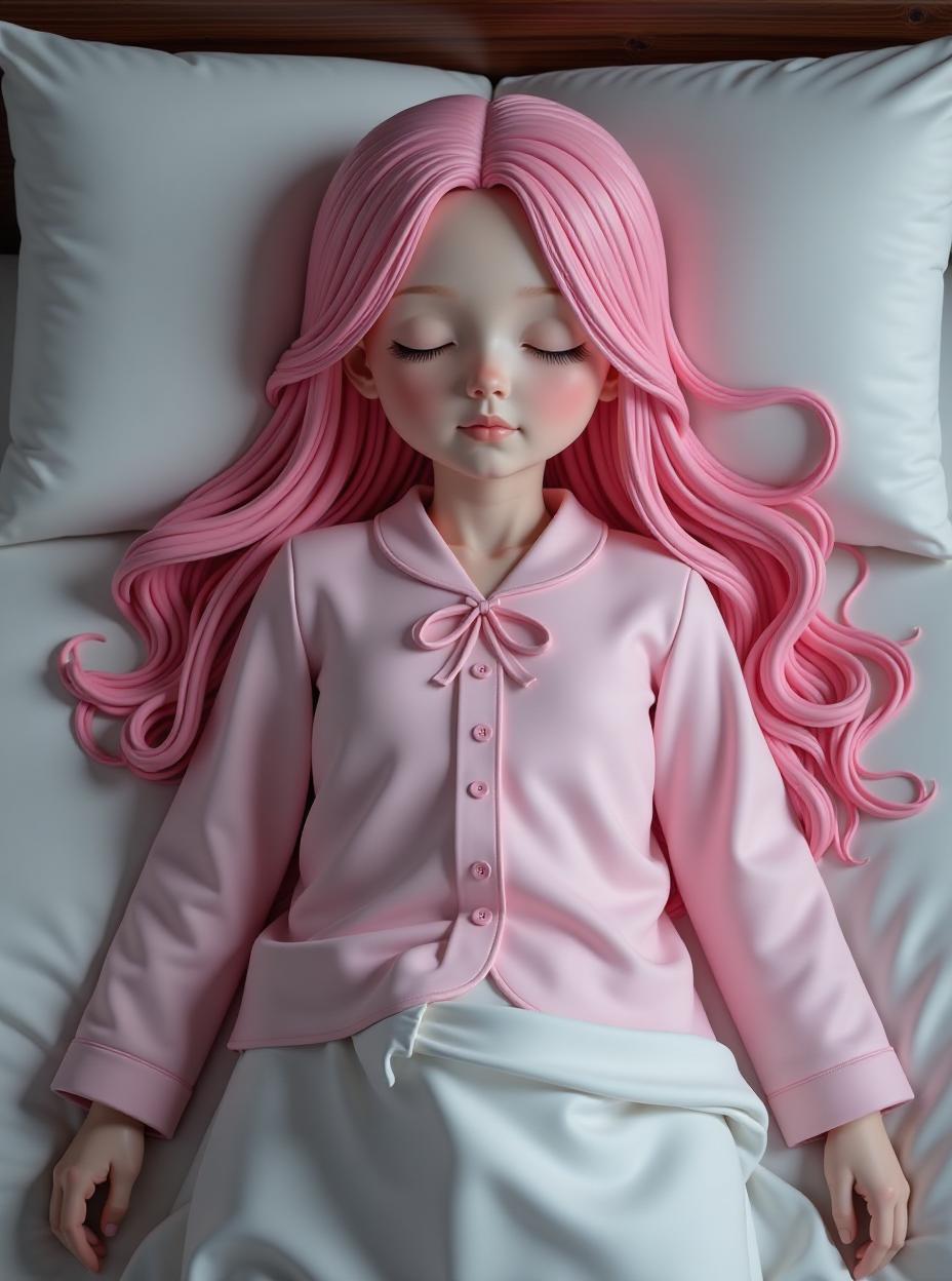  long pink hair, closed eyes, old, girl, pink pyjamas, laying on bed, sleeping, full body, ribbon , gigantic s, hypers, age, atb, full body, high quality, high details, hd, perfect composition, 4k epic detailed, highly detailed, sharp focus, high resolution