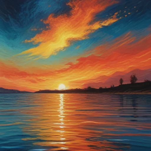 Fire above water with land and sky in Van Gogh style with Gradient background