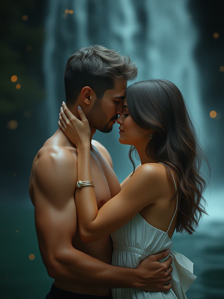  cinematic film still a very beautiful european , brown haired, gray eyes, sensual lips, a very handsome european guy 1, with medium length silver hair, golden eyes, sensual lips, toned physique, pale skin, he and she, hugs, pion, lovers, against the background of a waterfall in a fabulously beautiful place, night, fireflies, skin, hair, hugs, pion, , dynamic, in motion, man, woman, nswf . shallow depth of field, vignette, highly detailed, high budget, bokeh, cinemascope, moody, epic, gorgeous, film grain, grainy