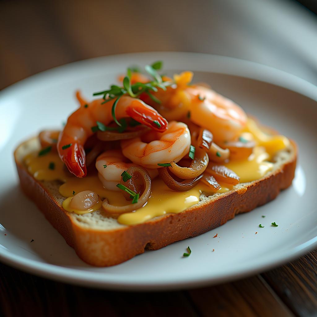  a visual of a dish made using bread, cheddar cheese, caramelized onions, shrimp. the visual should include all ingredients, but it should be a dish that is created by mixing all ingredients. hyperrealistic, full body, detailed clothing, highly detailed, cinematic lighting, stunningly beautiful, intricate, sharp focus, f/1. 8, 85mm, (centered image composition), (professionally color graded), ((bright soft diffused light)), volumetric fog, trending on instagram, trending on tumblr, HDR 4K, 8K