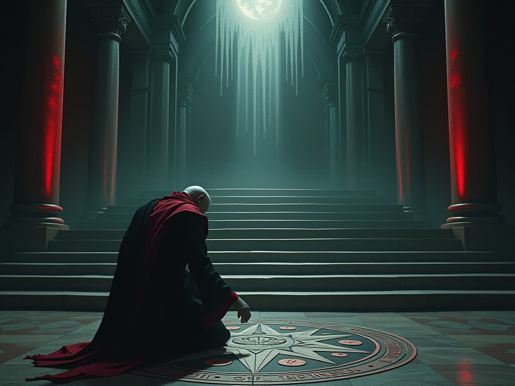  an aging figure kneeling, head bowed, before a grand altar, ethereal light illuminating, symbols of apology and amends inscribed on the steps. the style is dark fantasy and mysterious occult, symbolic, moody lighting, esoteric vibe,high detail on character design. for the color scheme emphasize blacks and reds.