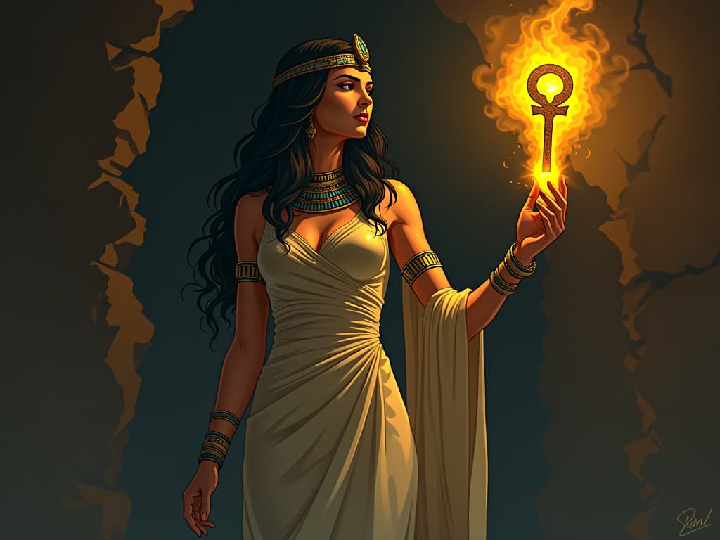  isis, large busted and clad in a shimmering, tight linen dress, emerging from shadows, holding a glowing ankh, aura of empowering solitude, representing heightened sensitivity as a powerful gift. the style is digital art illustration / modern comic book / mysterious occult, symbolic, esoteric vibe,high detail on character design, incorporating ancient egyptian symbology and attire.