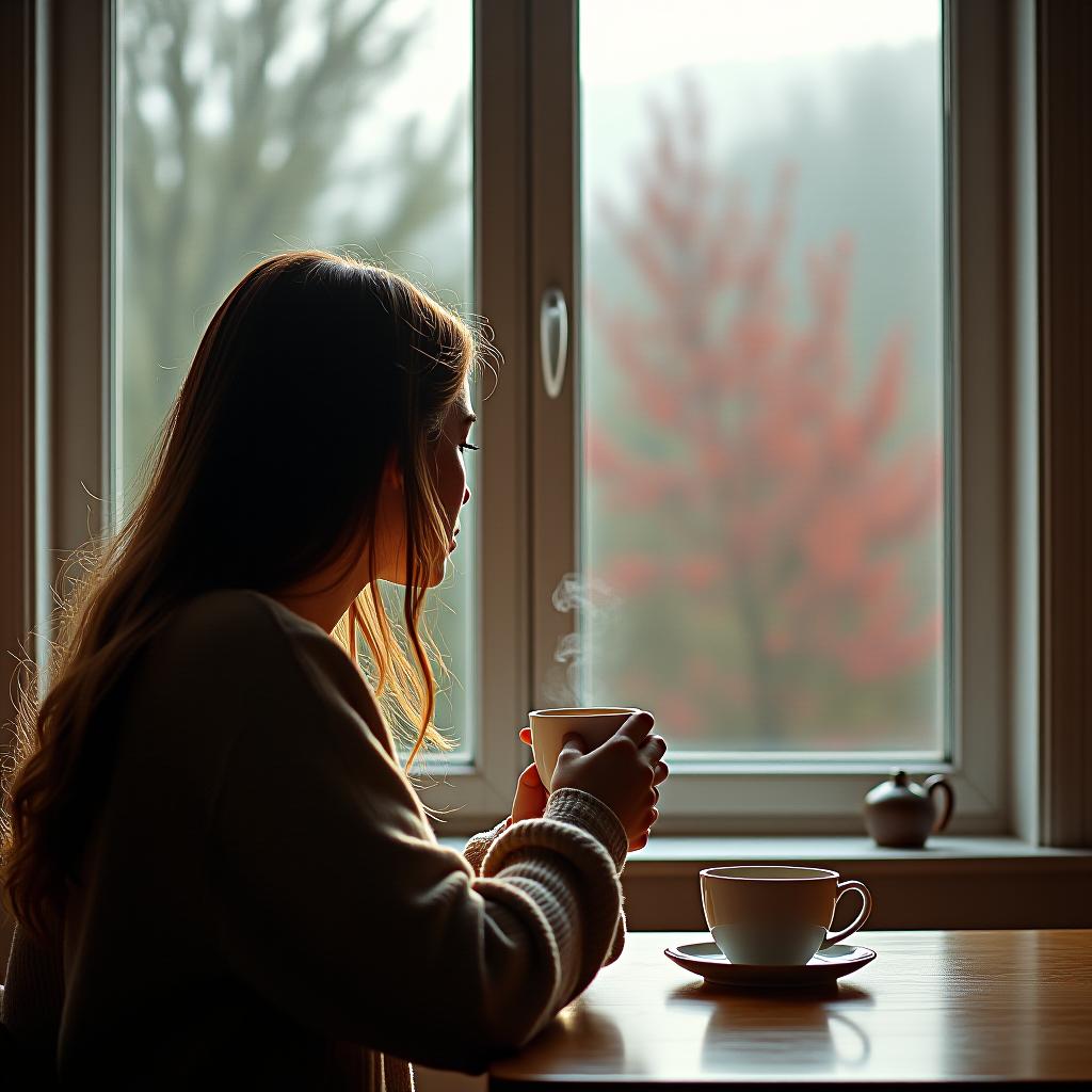  cinematic photo a girl with a cup of steaming coffee in her hand looks out the window, sits at the table, a summer landscape is outside the window, but autumn is approaching, a red rowan tree, leave green on trees, the fog turns white outside the window.fantastically, lyrically, painting, watercolor. . 35mm photograph, film, bokeh, professional, 4k, highly detailed hyperrealistic, full body, detailed clothing, highly detailed, cinematic lighting, stunningly beautiful, intricate, sharp focus, f/1. 8, 85mm, (centered image composition), (professionally color graded), ((bright soft diffused light)), volumetric fog, trending on instagram, trending on tumblr, HDR 4K, 8K