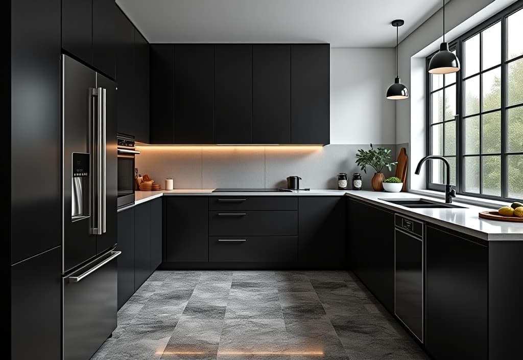  a landscape photo of a contemporary kitchen with a dramatic black and white color scheme, featuring affordable vinyl flooring that mimics expensive tiles, and diy painted cabinets hyperrealistic, full body, detailed clothing, highly detailed, cinematic lighting, stunningly beautiful, intricate, sharp focus, f/1. 8, 85mm, (centered image composition), (professionally color graded), ((bright soft diffused light)), volumetric fog, trending on instagram, trending on tumblr, HDR 4K, 8K