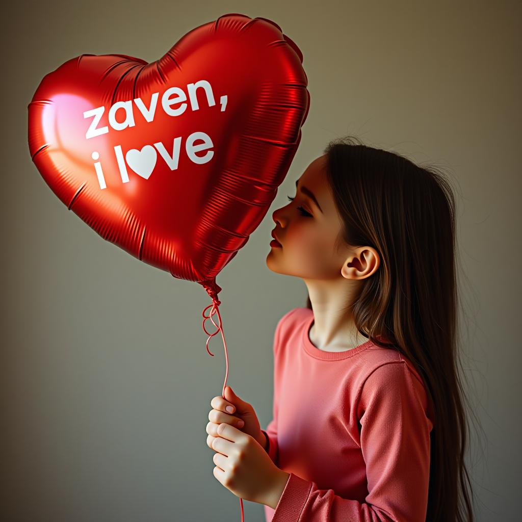  a beautiful girl holds a heart shaped balloon with the inscription "zaven, i love you."