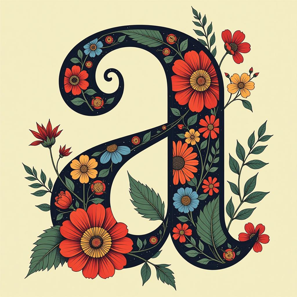  constructivist style stylized image of the letter "a". digital image with double exposure. (vector art) the outline (from the letter "a": 1.7) is filled with flowers, leaves and patterns. hyperdetailing. elegance. background: complex ornament, surreal abstraction, vortices, plant ornament. baroque and rococo . geometric shapes, bold colors, dynamic composition, propaganda art style