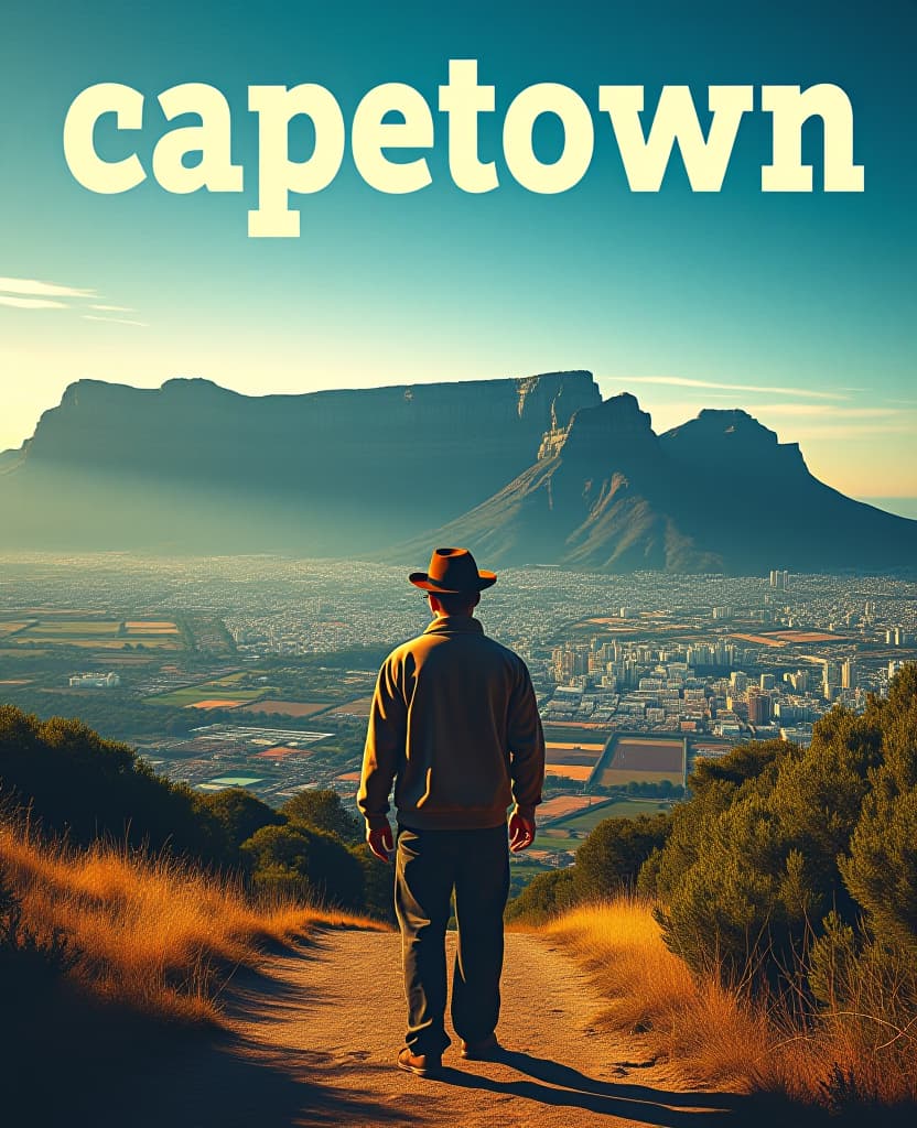  cinematic photo a comic book cover for a south africa travel guide capetown landscape the title of the comic has the text "capetown" at the top of the page. at the bottom of the page it says "travelling guide" . 35mm photograph, film, bokeh, professional, 4k, highly detailed hyperrealistic, full body, detailed clothing, highly detailed, cinematic lighting, stunningly beautiful, intricate, sharp focus, f/1. 8, 85mm, (centered image composition), (professionally color graded), ((bright soft diffused light)), volumetric fog, trending on instagram, trending on tumblr, HDR 4K, 8K