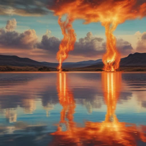 Fire on the water with land and sky in Surrealist style