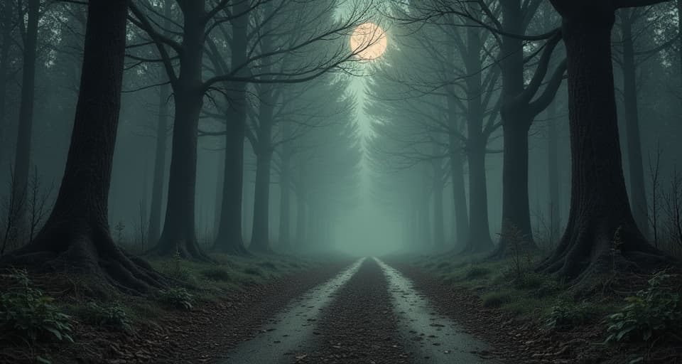  a lone path in a dark and misty forest, fork in the road, choice lingering in the air, dimly lit, eerie atmosphere. an illustration in the style of a worn, mystical old tarot trump card, mysterious and elements of surrealism. the colors are muted, somber and eerie, but with contrast bring out an occult and esoteric vibe.