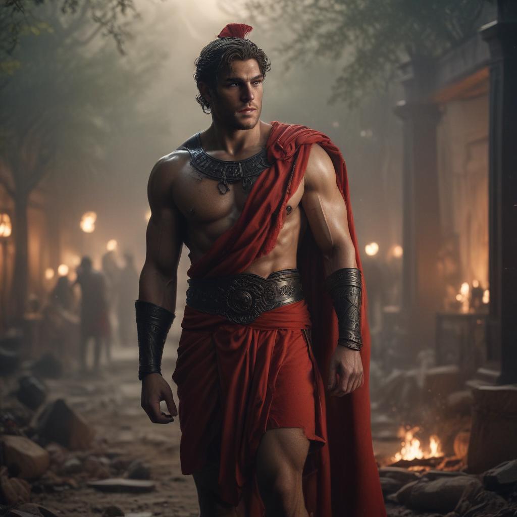 As the gravity of the situation weighs heavy, Achilles remains resolute, his unwavering resolve shining through, the scene bathed in a mix of moonlight and flickering torches, capturing the intensity of the moment with a blend of shadows and highlights, set against a backdrop of a war torn camp with hints of distant figures moving in the shadows, depicted in a moody, atmospheric style with a focus on contrasts and textures."in the style of classical Greek pottery art, with intricate black figures on a red background, depicting mythological scenes with a focus on gods and heroes, using a limited color palette of red, black, and white"This image is a breathtaking painting that captures the magical scene with vivid detail. The overall composit hyperrealistic, full body, detailed clothing, highly detailed, cinematic lighting, stunningly beautiful, intricate, sharp focus, f/1. 8, 85mm, (centered image composition), (professionally color graded), ((bright soft diffused light)), volumetric fog, trending on instagram, trending on tumblr, HDR 4K, 8K