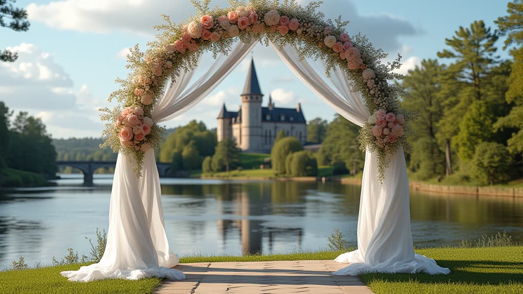  create an image with the following specifications: main subject: description: a picturesque turku castle in the background with a romantic wedding arch in the foreground. style: elegant and romantic. setting: location: turku, finland, with a view of the aura river. composition: framing: wide shot capturing both the castle and the wedding arch, with the river flowing between. style: art movement: contemporary realism. technique: high definition digital photography. atmosphere: mood: dreamy and enchanting. color palette: dominant colors: soft whites, pale pinks, light blues, warm stone greys. mood: romantic and serene. details: foreground: elegant wedding arch adorned with flowing white fabric and delicate flowers. background: majestic hyperrealistic, full body, detailed clothing, highly detailed, cinematic lighting, stunningly beautiful, intricate, sharp focus, f/1. 8, 85mm, (centered image composition), (professionally color graded), ((bright soft diffused light)), volumetric fog, trending on instagram, trending on tumblr, HDR 4K, 8K