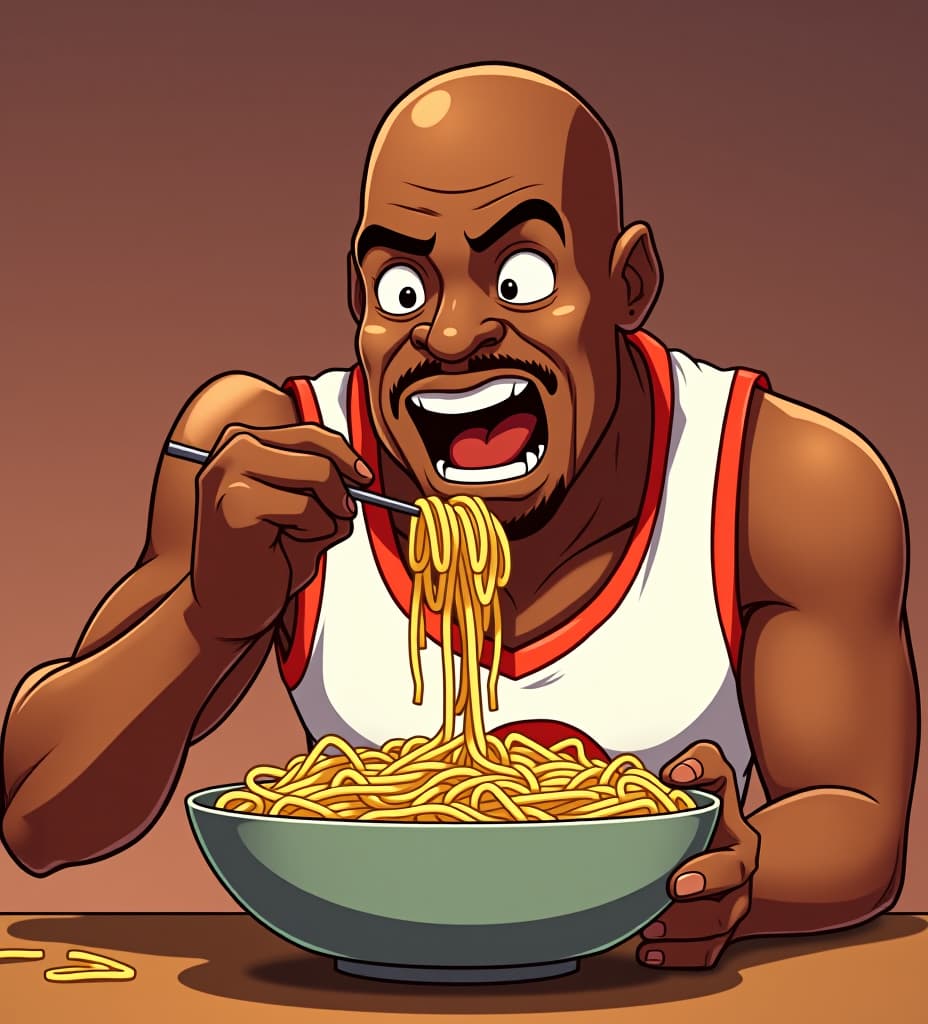  anime, anime sytle, anime image, cartoon, real cartoon, real anime, shaq eating macaroni