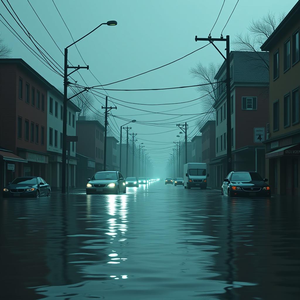  submerged streets with cars and buildings underwater, capturing the impact of a flood, realism, cool tones, digital painting